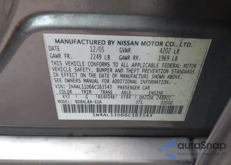 2006 Nissan Altima 2.5 S из США, поврежденный, VIN 1N4AL11D66C163543